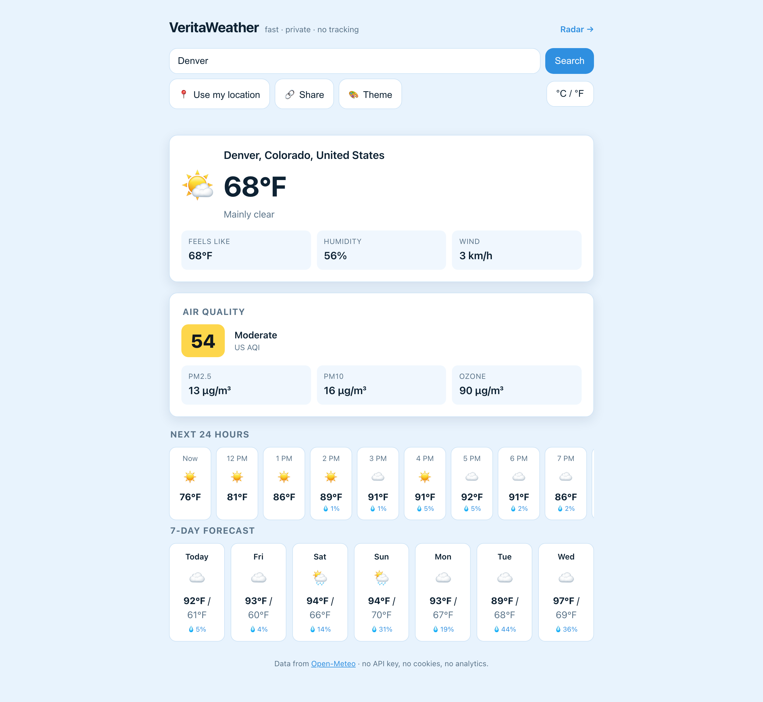 Full VeritaWeather page for Denver with search bar, current conditions, air quality, hourly strip, and 7-day forecast