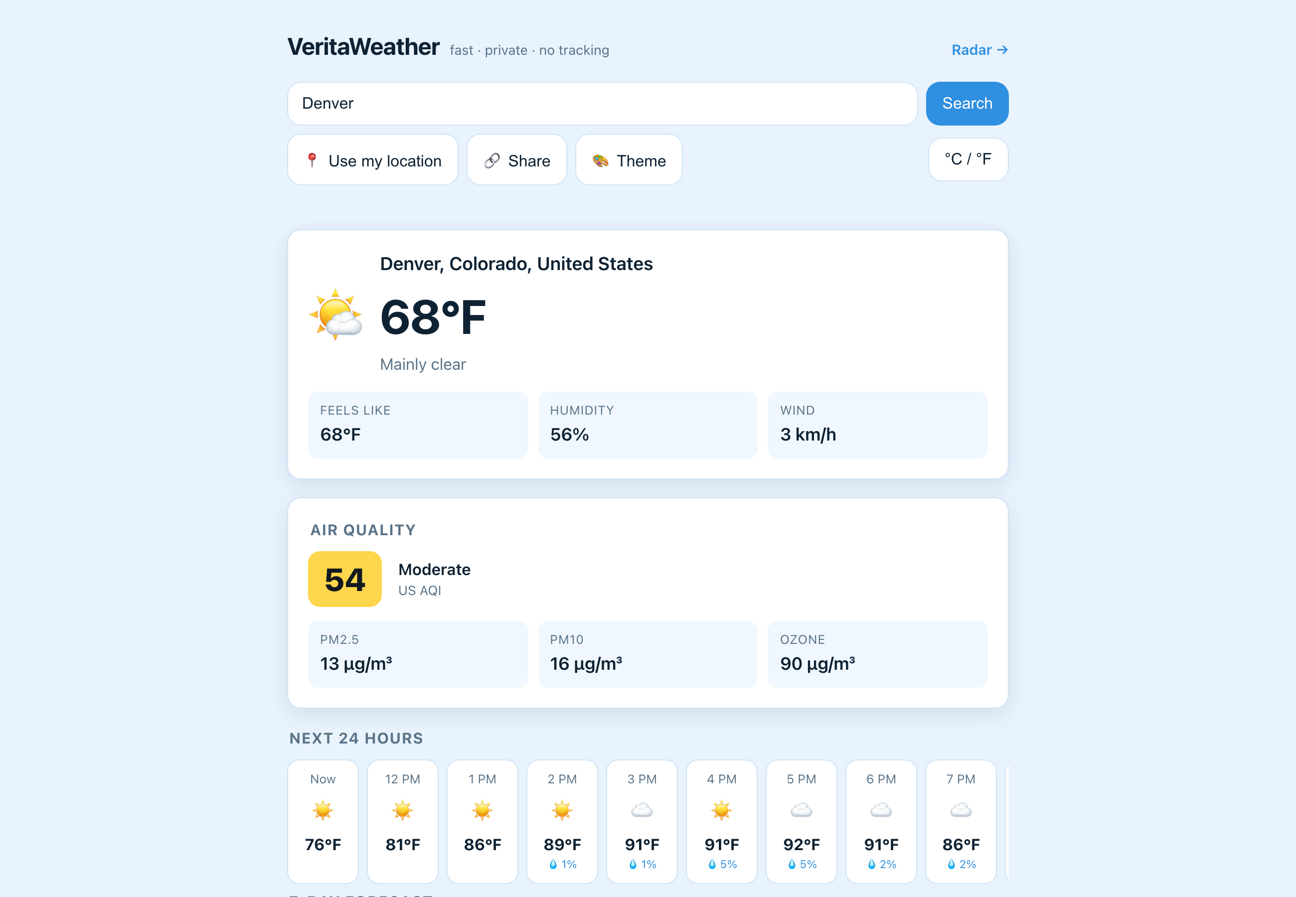 Search bar with Denver typed in and the row of Use my location, Share, Theme, and unit buttons