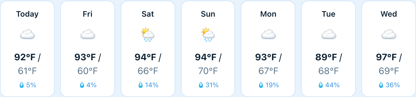 The 7-day forecast grid with a Today card and six weekday cards showing highs, lows, and rain chances