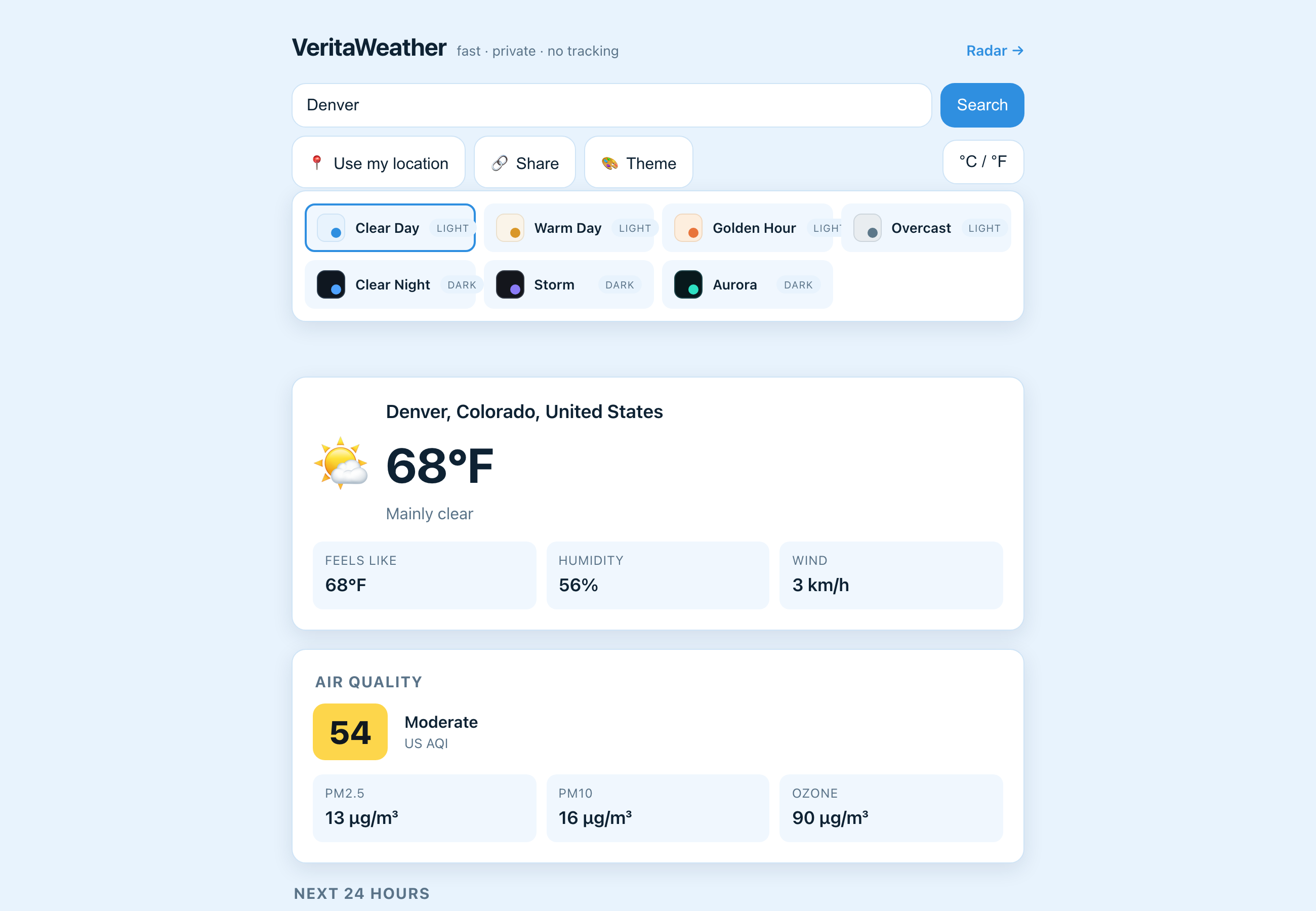 The open theme chooser showing seven theme cards: Clear Day, Warm Day, Golden Hour, Overcast, Clear Night, Storm, and Aurora